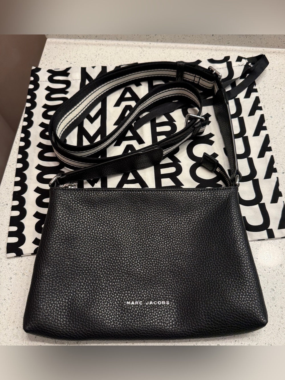 Marc Jacobs Black The Cosmo Pebbled Leather Crossbody Bag with Striped Strap